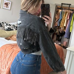 Black Denim Jacket with Rhinestone Fringe